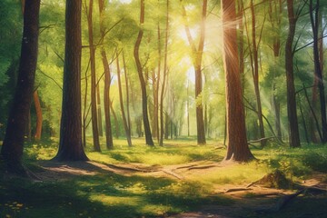 A bright watercolor painting of a summer forest. Generative AI