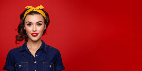 Attractive young, brunette woman wearing red lipstick, navy top and yellow headband. Isolated on red background. Energetic, vivid banner for makeup, cosmetics, fashion etc.