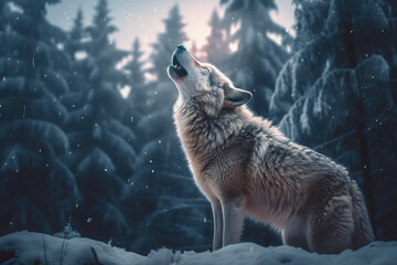 A wolf standing on top of a snow covered ground. Generative AI.
