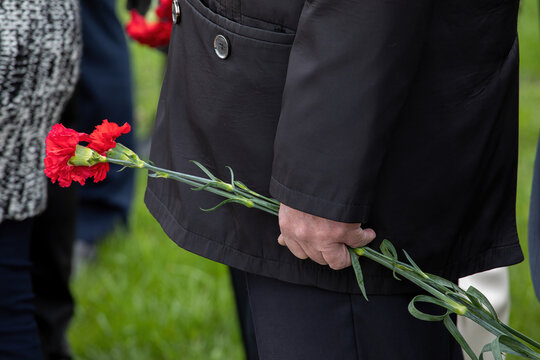 Red carnations in his hands. Memory. Laying flowers at the monument. A sad ceremony.