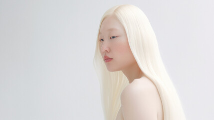 Obraz premium Portrait of a young depressed blonde asian albino woman struggling with her mental health issues. Generative AI