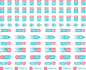 Fototapeta na wymiar Number bullet point vector icon, Number bullet point set. This illustration includes arrows, ornaments, frames, ribbons and lots of simple design elements