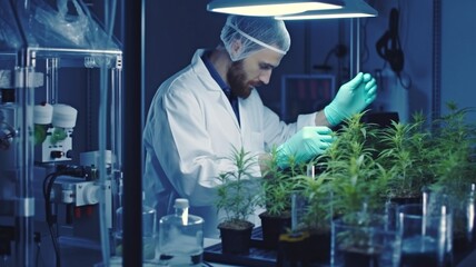 A scientist is extracting CBD oil from cannabis for a medicinal research facility. Oil extracted from hemp Machine for thin-film distillation in lab-scale plants. GENERATE AI - obrazy, fototapety, plakaty