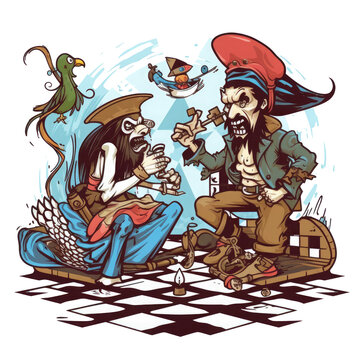 A humorous pirate-themed design with a cartoonish pirate character playing chess with a monkey, with a cutlass in their hand and a tricorne hat on their head, the pirate has a bandaged , Generative Ai