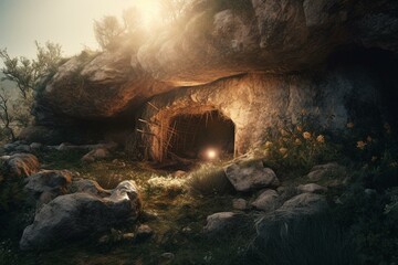 Sunrise resurrection - empty tomb. Generative AI