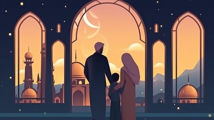 Kareem Ramadan Muslim family greetings, mosque, crescent moon, and stars Muslims pray together as a family. The breaking of the fast is celebrated by the mother, father, and kids. GENERATE AI
