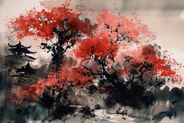 Cherry blossom tree in traditional Japanese painting Sumi-e ink art. AI generative.