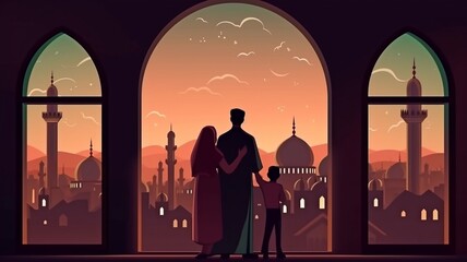 Kareem Ramadan Muslim family greetings, mosque, crescent moon, and stars Muslims pray together as a family. The breaking of the fast is celebrated by the mother, father, and kids. GENERATE AI
