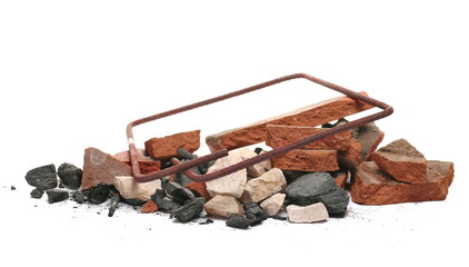 Burned and demolished, charcoal, metal armature, stone and broken,   pieces red tiles isolated on white, side view