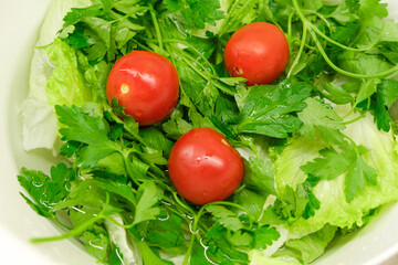 Close up lettuce parsley tomato inside of water for cleaning before making salad. Making salad with vegetables concept background. Selective focus. 
