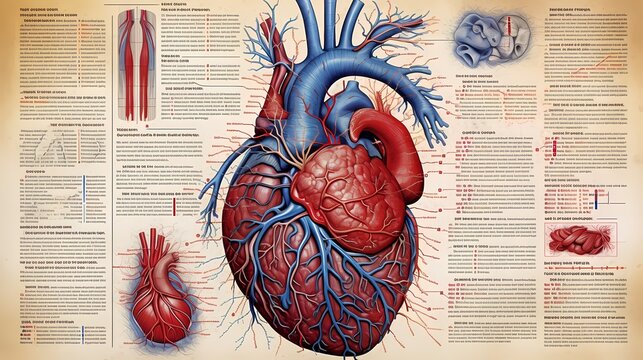 A detailed and informative image of a human heart that highlights the various anatomical structures and key features of the organ. Anatomy book art. Generative Ai.