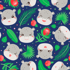 Fototapeta premium Cute hippopotamus seamless pattern. Kawaii hippo face chibi style. Cartoon safari animal head. Palm leaves. Tropical flowers. Summer repeat design for children fashion print, textile fabric, paper.