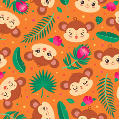 Fototapeta na wymiar Cute monkey seamless pattern. Kawaii monkey face chibi style. Cartoon safari animal head. Palm leaves. Tropical flowers. Summer repeat design for children fashion print, textile fabric, paper, etc.