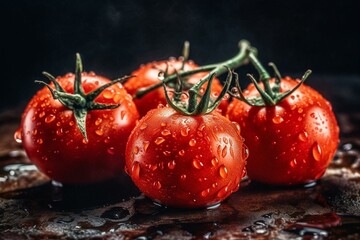 Watercolor painting of juicy red cherry tomatoes with water droplets. Generative AI
