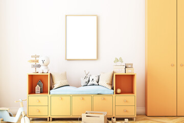 	
Childrens room mockup with wooden bohostyle frame A4