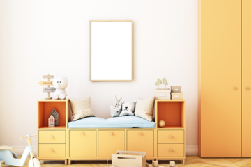 	
Childrens room mockup with wooden bohostyle frame A4