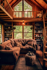 Fototapeta premium A living room filled with furniture and lots of windows. Tiny house, wooden cabin interior, generative AI.