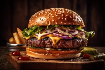 Mouth-watering photo of juicy burger and fries. Advertising photo. Generative Ai.