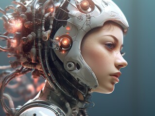 Fototapeta premium Portrait of android female robot. Virtual assistant in the future. Generative Ai technology.