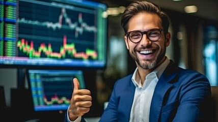 youthful, prosperous, and cheerful businessman monitoring the stock market, looking good, and banking idea. GENERATE AI