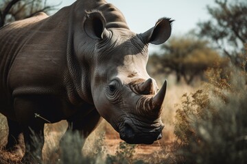 A wild rhinoceros grazing in its natural habitat on a safari adventure. Generative AI