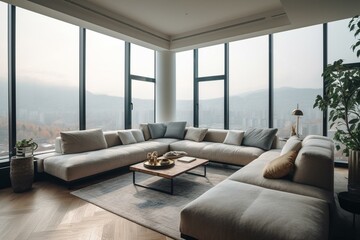 Bright living area with sofa, table, seats and stunning view. Generative AI