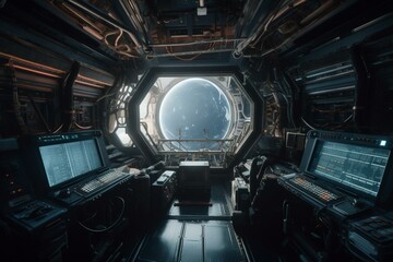 Interior view of cosmos from space station. Generative AI