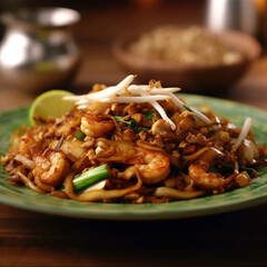 Close up of Char Koay Teow seafood with bean sprouts, fried flat noodle Generative AI