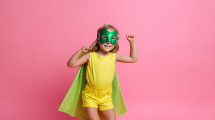 Obraz na płótnie Canvas Excited Child in Superhero Suit and Mask, Isolated on Pink Background. Funny Girl in Green Cloak and Glasses, for Kindergarten Kids, Imagination, Role-Playing, Halloween Costume. Generative AI