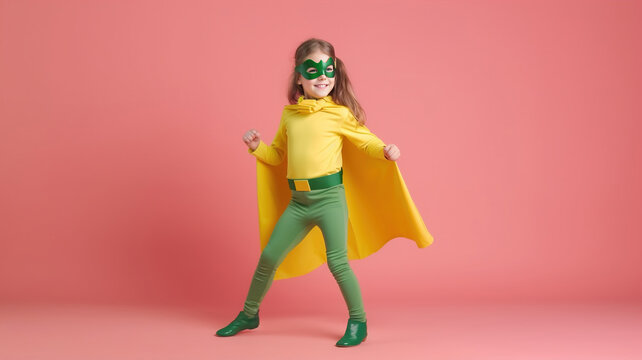 Excited Child in Superhero Suit and Mask, Isolated on Pink Background. Funny Girl in Yellow Cloak and Glasses, for Kindergarten Kids, Imagination, Role-Playing, Halloween Costume. Generative AI