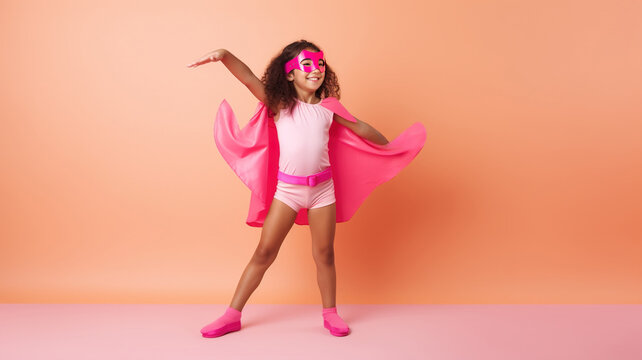 Excited Child in Superhero Suit and Mask, Isolated on Orange Background. Funny Girl in Pink Cloak and Glasses, for Kindergarten Kids, Imagination, Role-Playing, Halloween Costume. Generative AI