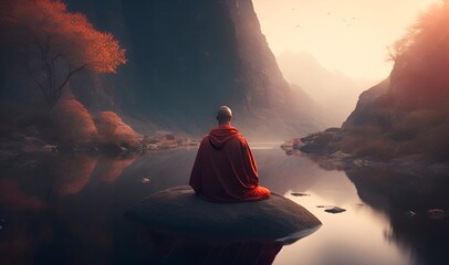 A monk meditating on a stone, around a beautiful landscape (Generative AI) - obrazy, fototapety, plakaty