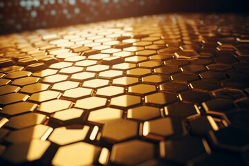 Shiny hexagonal gold mosaic tiles create a 3D block background. Rendered in 3D. Generative AI