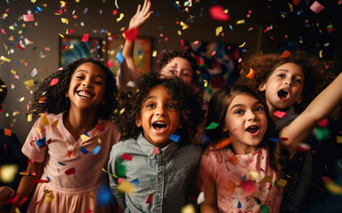 Group of Children Friends. Happy multicultural kids having fun celebrating birthday party together with confetti. Children's birthday concept. Generative ai