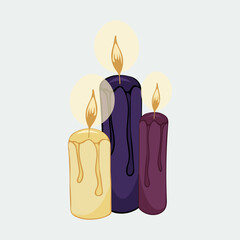Vector illustration hand-drawn three candles with burning plaen