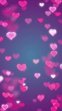 Vertical video background Valentine's Day romance hearts bokeh backdrop on purple blue background gradient, pink rosy hearts floating gently framing animation animated motion background