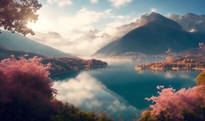Beautiful landscape with mountains and lake (Generative AI) - obrazy, fototapety, plakaty