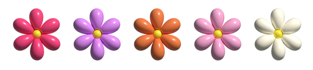 3D glossy pink, purple and yellow flowers