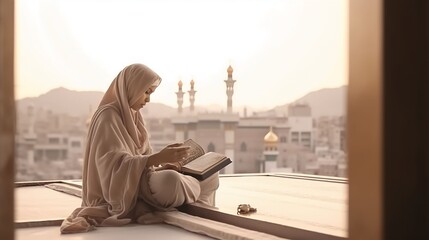Fototapeta premium Muslim woman sitting and holding Quran in the city of arab, Generative ai