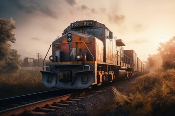 Fototapeta na wymiar Illustration of a freight train traveling on a railway. Generative AI