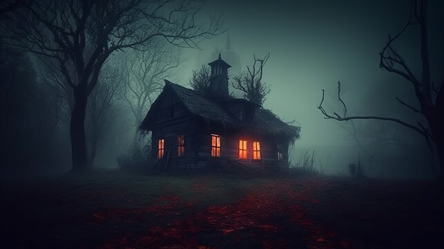 Spooky house or witch hut, dark and scary night halloween scene with fog