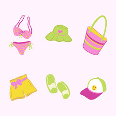 Hand drawn summer clothes in modern style and colors set. Pink template with text space for postcards, banners and social media. Panama, beaded necklace, swimsuit, shorts, straw bag and lemons