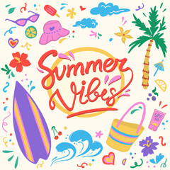 Fototapeta na wymiar Summer doodle set retro template for postcards, banners and social media. Hand drawn red lettering. Surfboard, bandana, palm, sunglasses, lemon, wave, umbrella, sunscreen and ice cream vector cliparts
