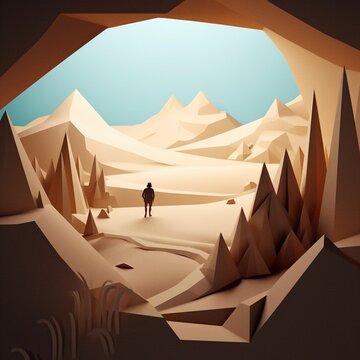 Expedition in desert. Egypt Saara. Generative AI. Pyramids, camels, walking in dunes. Sun, golden hour in desert. 