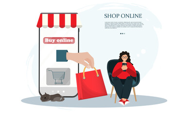 Woman shopping online and hand with shopping bag, paying online with credit card on mobile app, shopping from concept, flat vector illustration