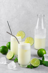 Brazilian Lemonade, Refreshing Creamy Lemonade or Limeade with Lime Slices and Mint on Grey Background