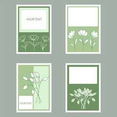 Four cards with green twigs and flowers. Hand-drawn vector illustration for wedding, invitation or greeting card. 