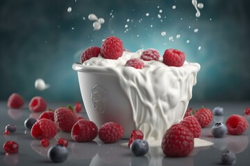 Fresh milk or yogurt splashed with ripe strawberries, raspberries, and cranberries creates a healthy breakfast concept or banner design with cream and berries. 3D label design. Generative AI