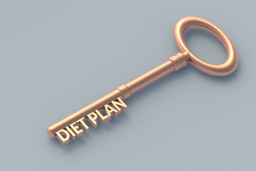 Inscription diet plan on vintage key. Healthy eating. Calorie control. Nutritionist consultation. Meal schedule. Slimming concept. 3d render slimming