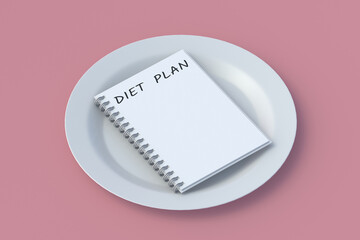 Inscription diet plan on notepad near plate. Healthy eating. Calorie control. Nutritionist consultation. Meal schedule. Slimming concept. 3d render slimming